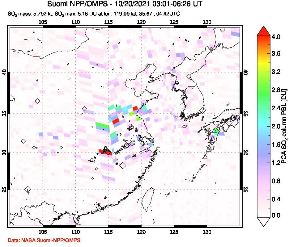 A sulfur dioxide image over Eastern China on Oct 20, 2021.