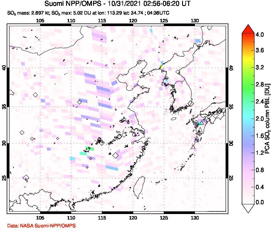 A sulfur dioxide image over Eastern China on Oct 31, 2021.