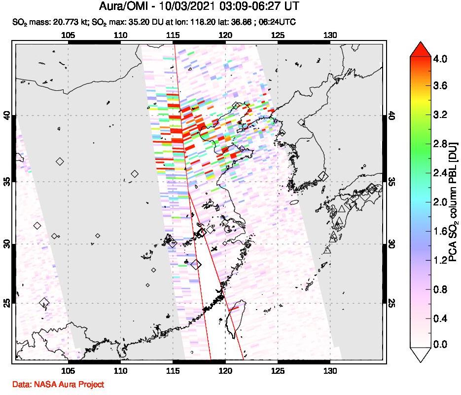 A sulfur dioxide image over Eastern China on Oct 03, 2021.