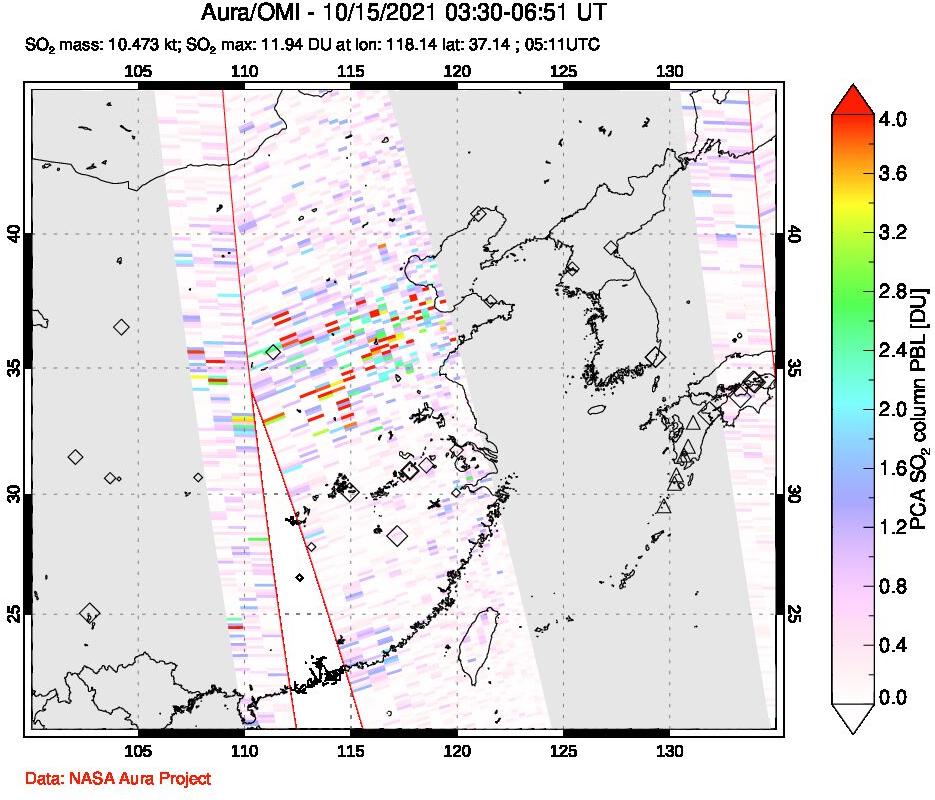 A sulfur dioxide image over Eastern China on Oct 15, 2021.