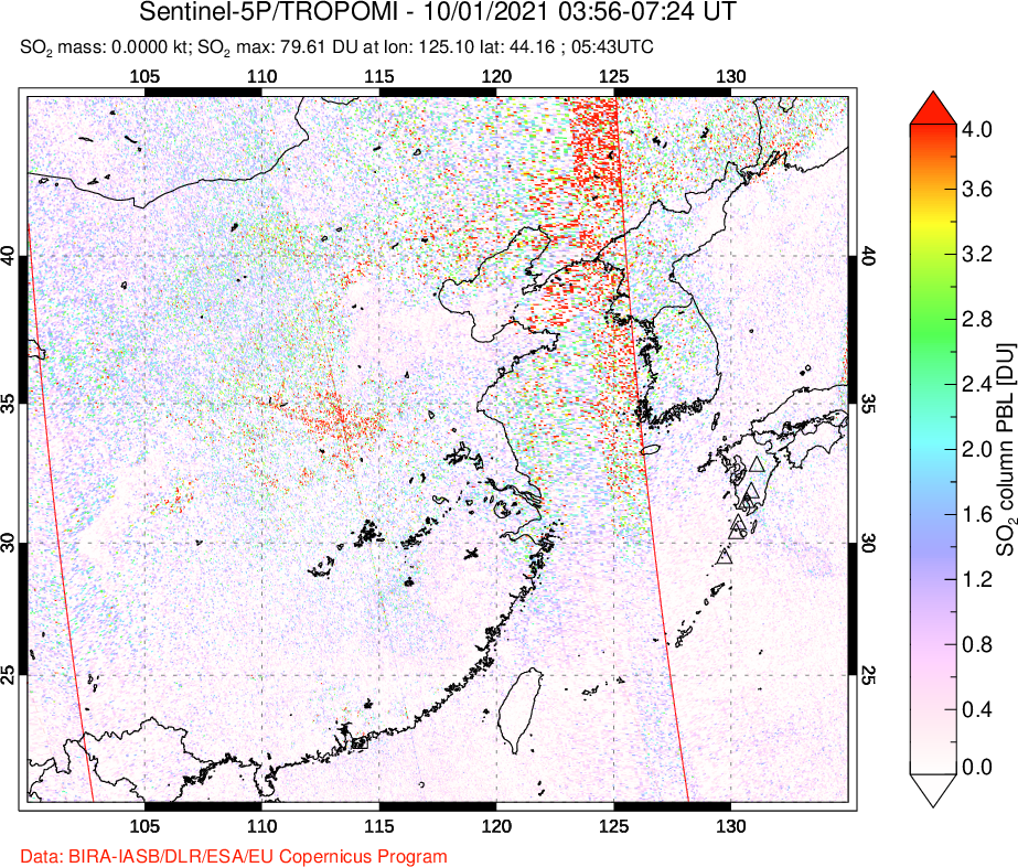 A sulfur dioxide image over Eastern China on Oct 01, 2021.