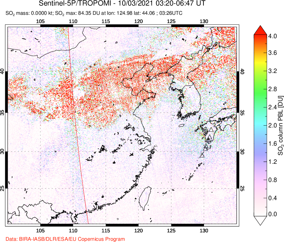 A sulfur dioxide image over Eastern China on Oct 03, 2021.