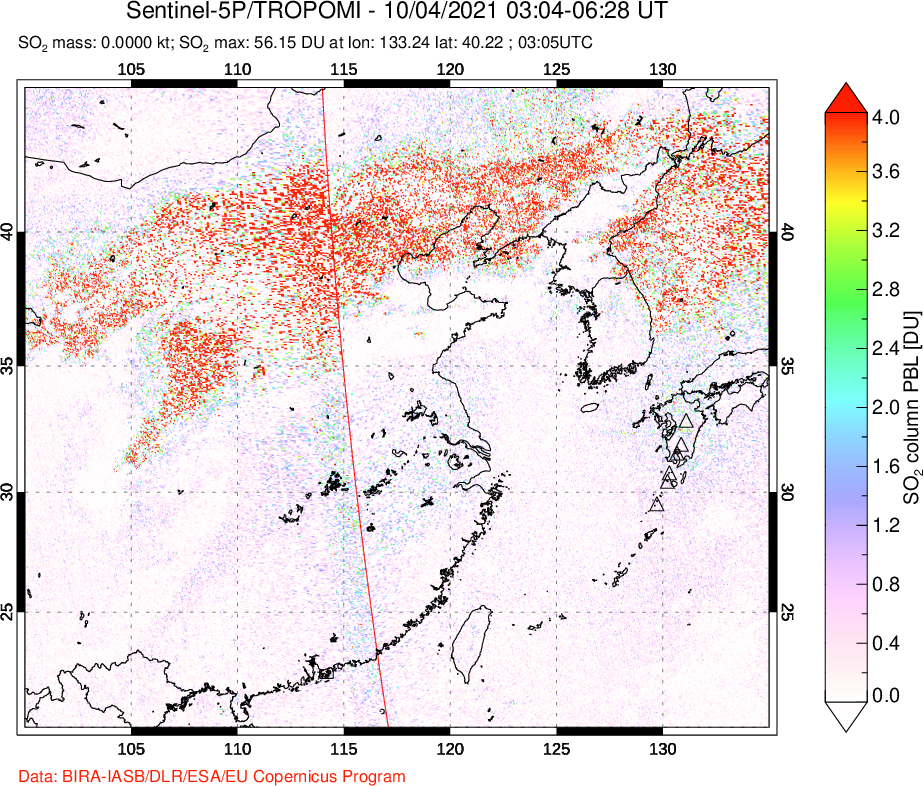 A sulfur dioxide image over Eastern China on Oct 04, 2021.