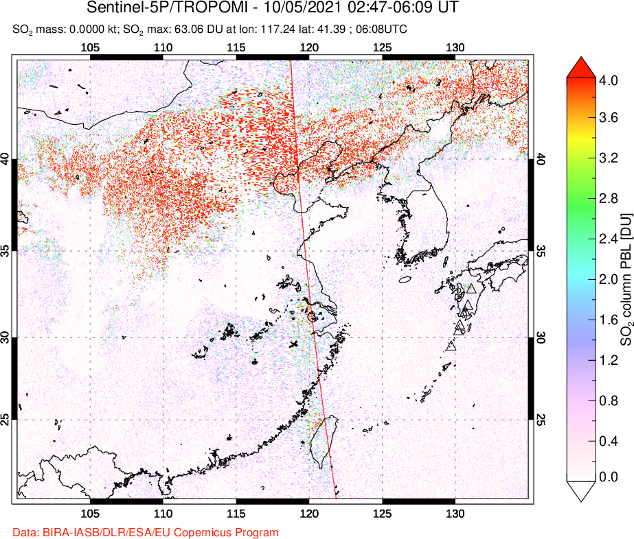 A sulfur dioxide image over Eastern China on Oct 05, 2021.