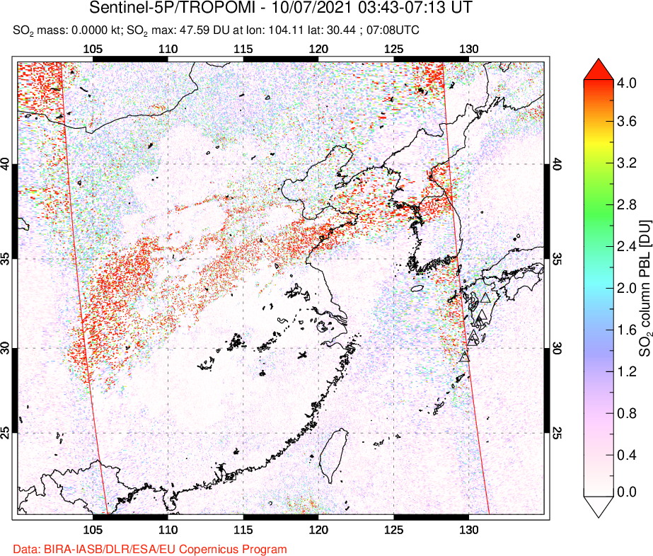 A sulfur dioxide image over Eastern China on Oct 07, 2021.