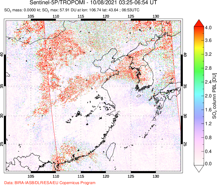 A sulfur dioxide image over Eastern China on Oct 08, 2021.