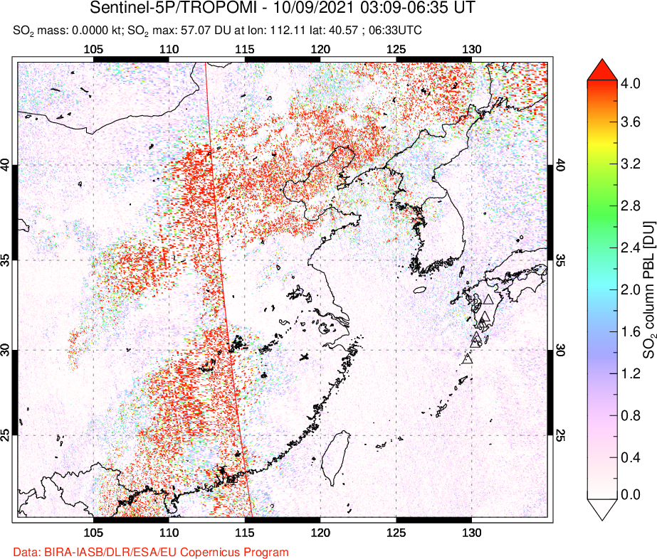 A sulfur dioxide image over Eastern China on Oct 09, 2021.
