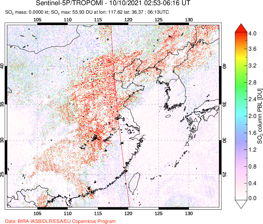 A sulfur dioxide image over Eastern China on Oct 10, 2021.