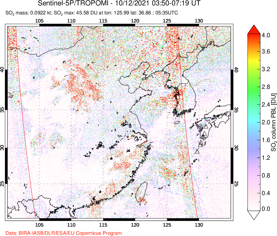 A sulfur dioxide image over Eastern China on Oct 12, 2021.