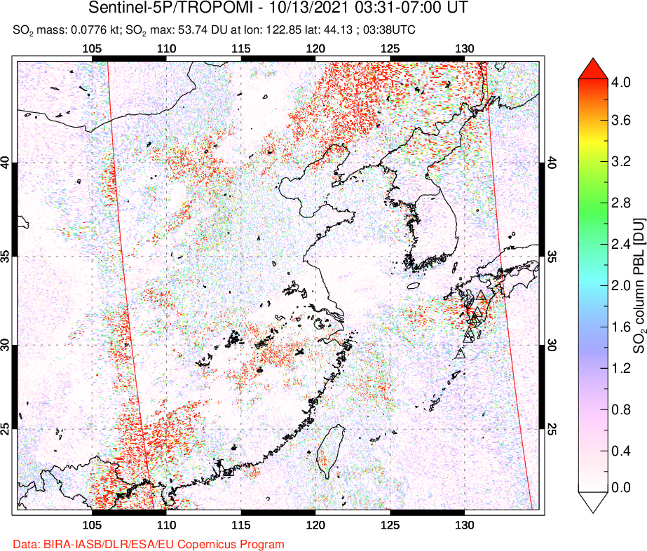 A sulfur dioxide image over Eastern China on Oct 13, 2021.