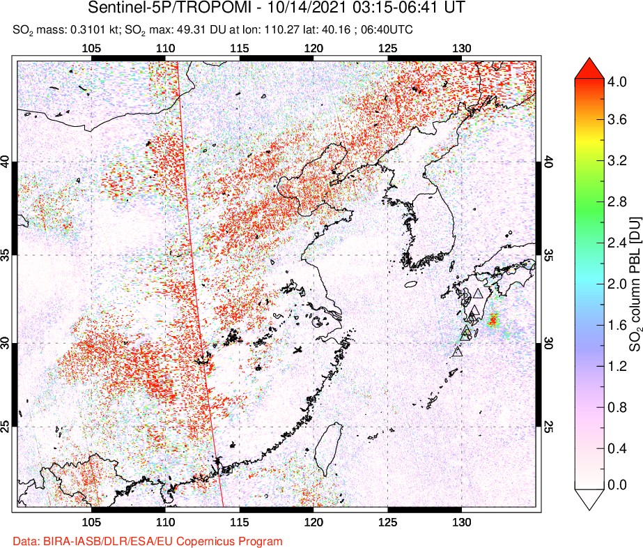 A sulfur dioxide image over Eastern China on Oct 14, 2021.