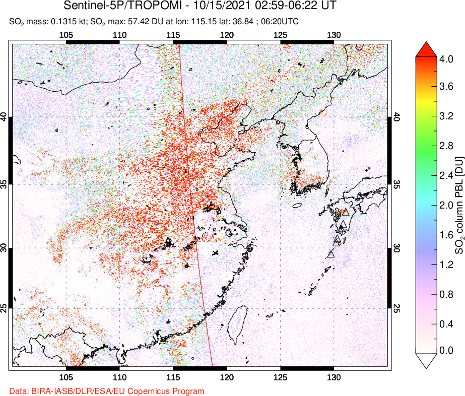 A sulfur dioxide image over Eastern China on Oct 15, 2021.