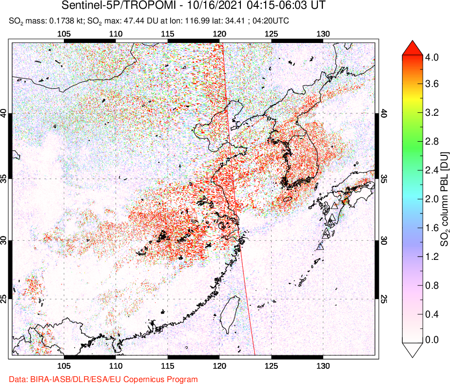 A sulfur dioxide image over Eastern China on Oct 16, 2021.
