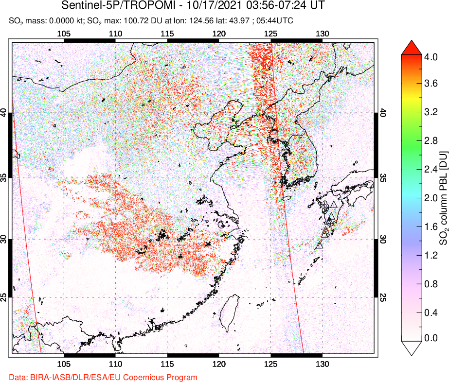 A sulfur dioxide image over Eastern China on Oct 17, 2021.