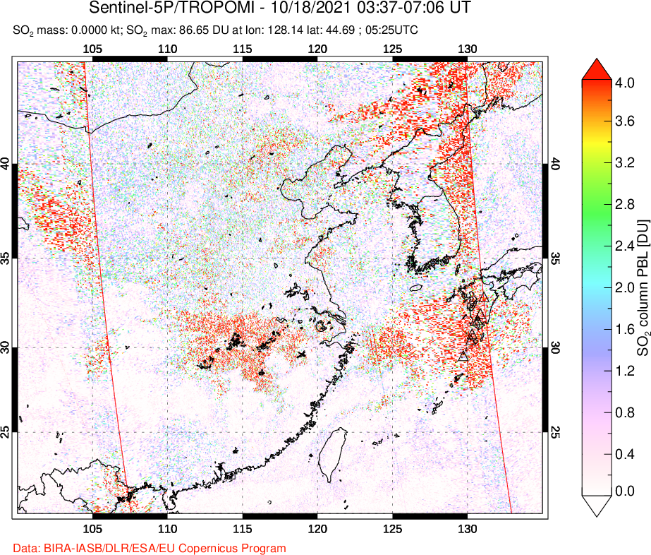 A sulfur dioxide image over Eastern China on Oct 18, 2021.