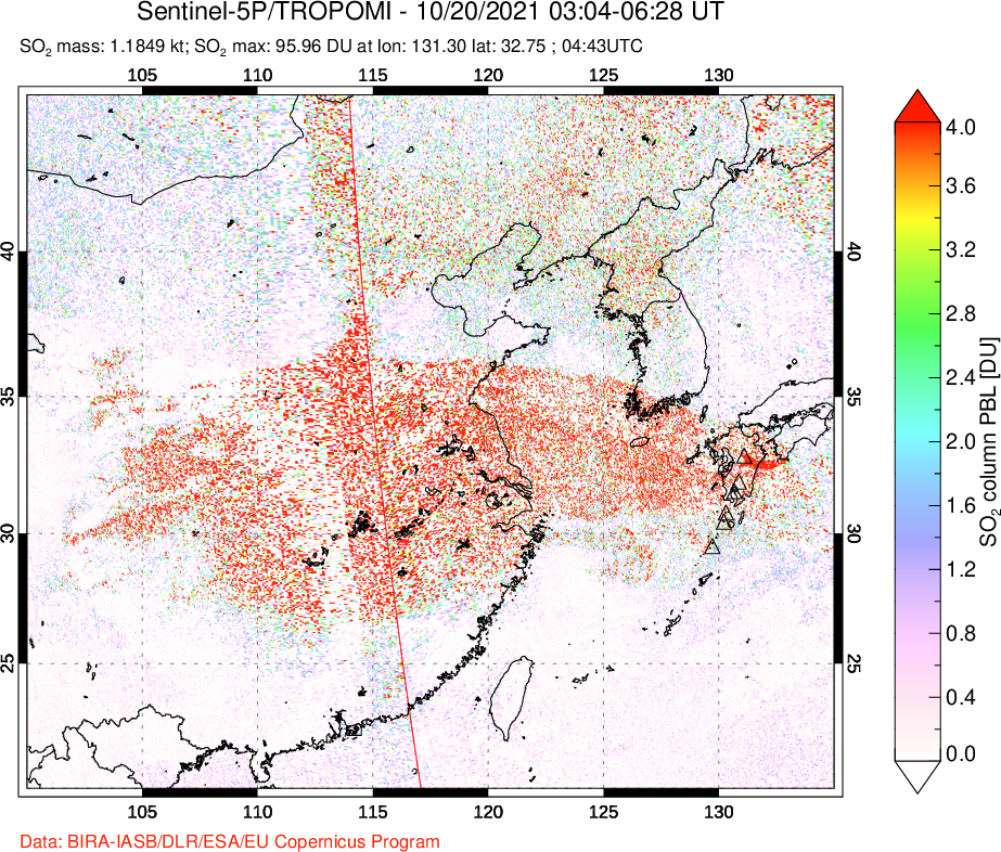 A sulfur dioxide image over Eastern China on Oct 20, 2021.
