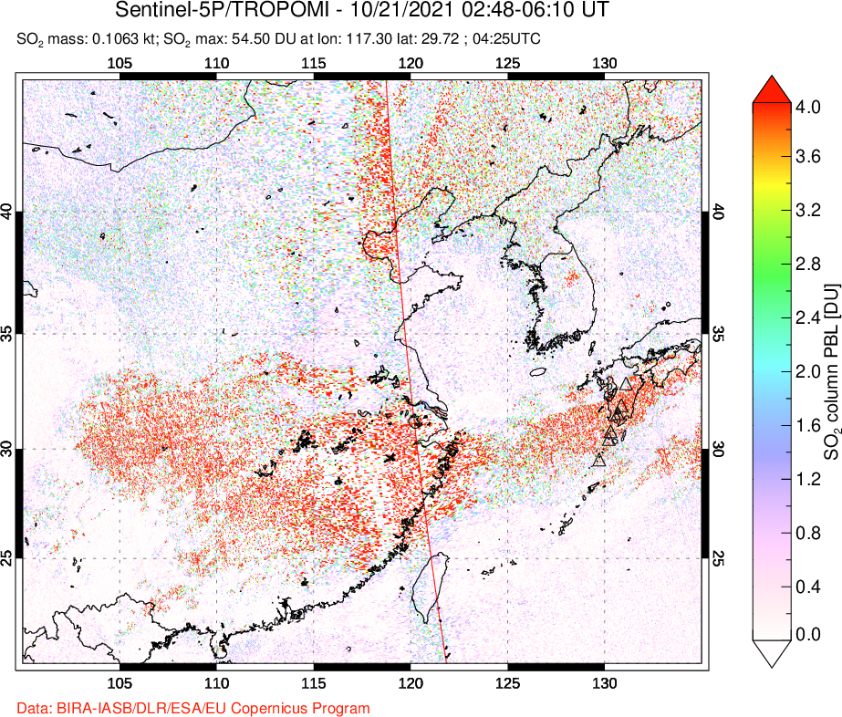 A sulfur dioxide image over Eastern China on Oct 21, 2021.