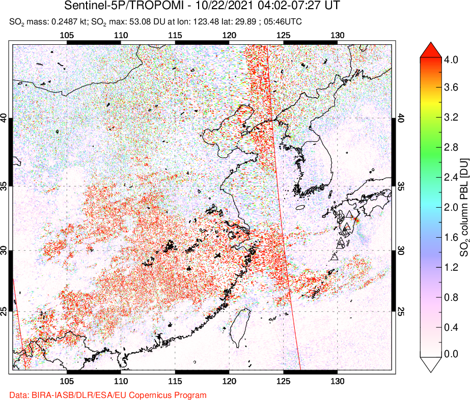 A sulfur dioxide image over Eastern China on Oct 22, 2021.