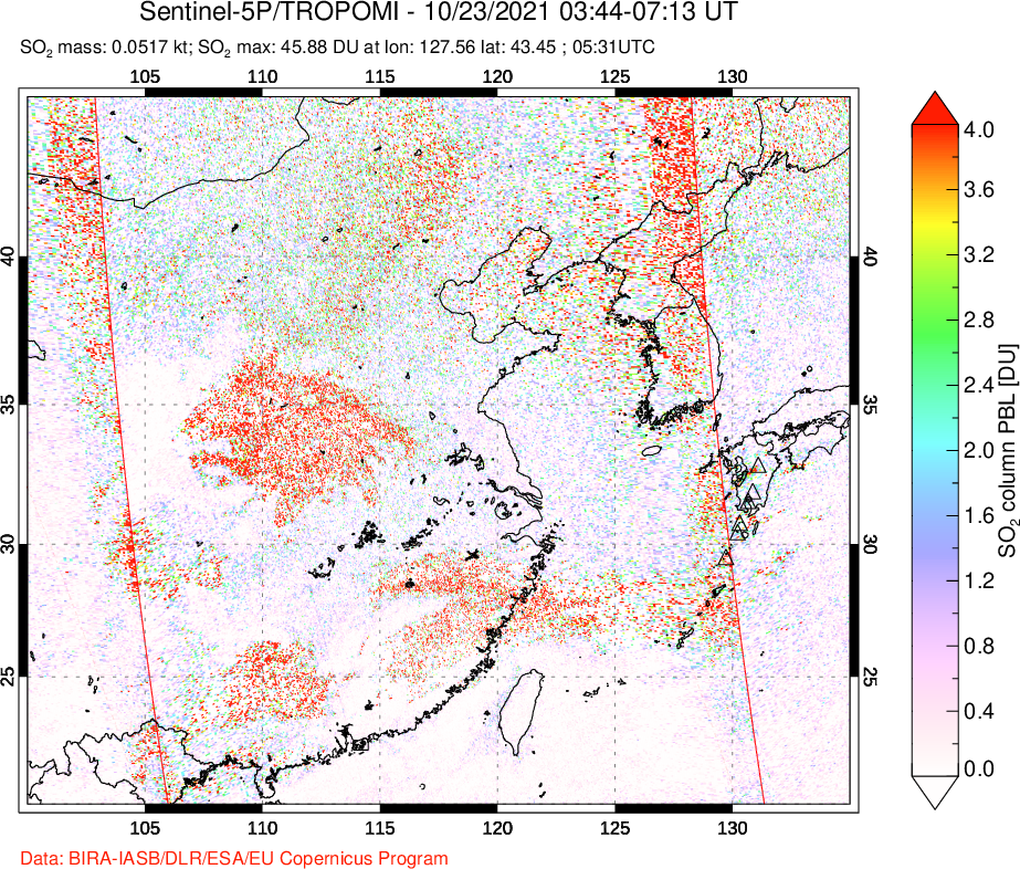 A sulfur dioxide image over Eastern China on Oct 23, 2021.