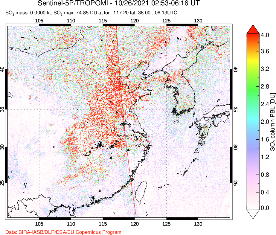 A sulfur dioxide image over Eastern China on Oct 26, 2021.