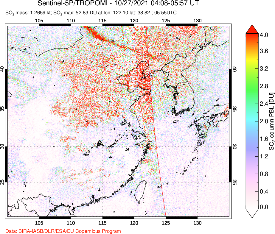 A sulfur dioxide image over Eastern China on Oct 27, 2021.