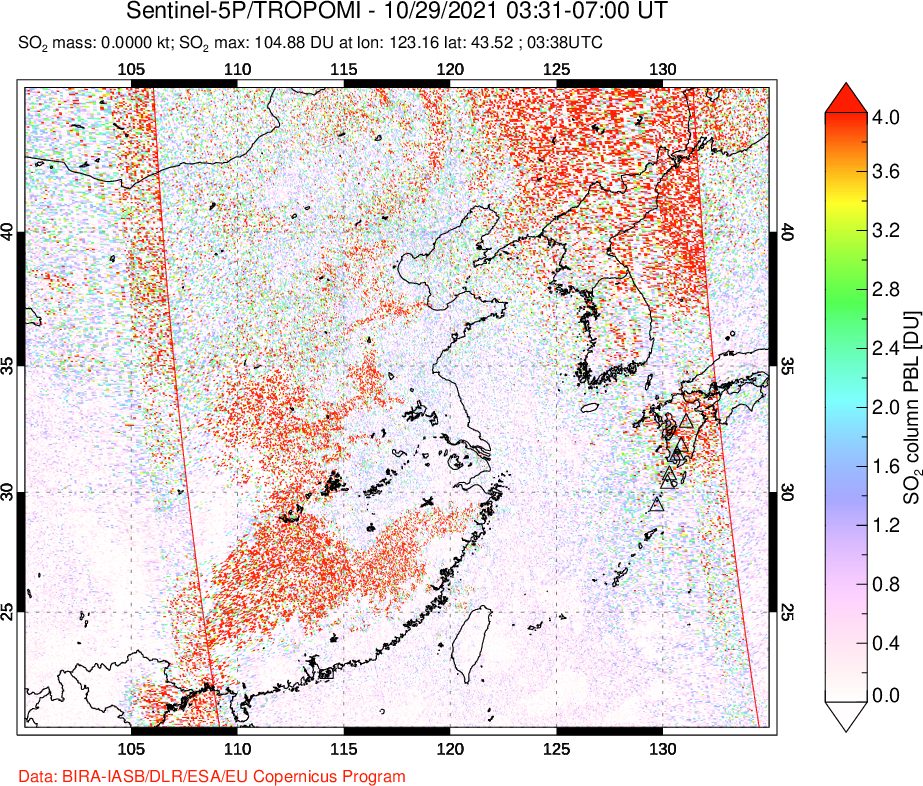 A sulfur dioxide image over Eastern China on Oct 29, 2021.