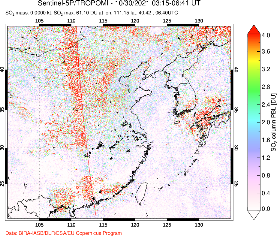 A sulfur dioxide image over Eastern China on Oct 30, 2021.