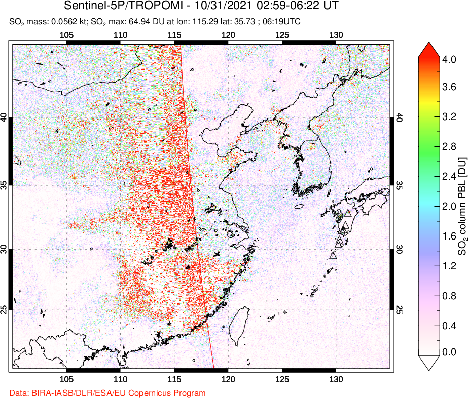 A sulfur dioxide image over Eastern China on Oct 31, 2021.