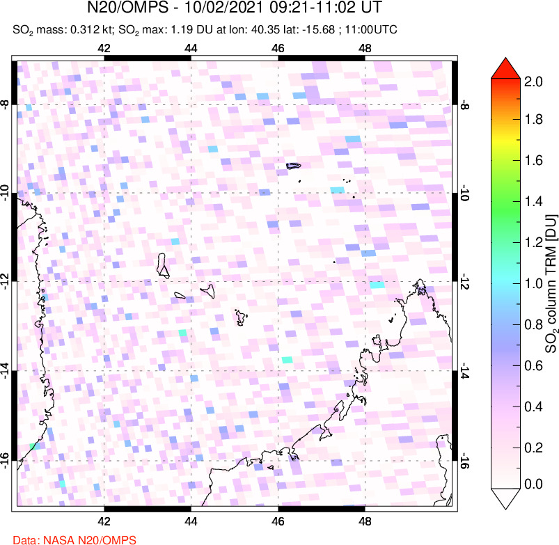 A sulfur dioxide image over Comoro Islands on Oct 02, 2021.