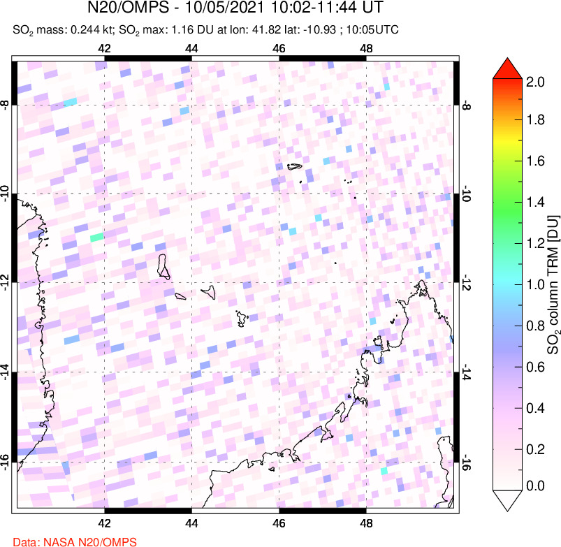 A sulfur dioxide image over Comoro Islands on Oct 05, 2021.