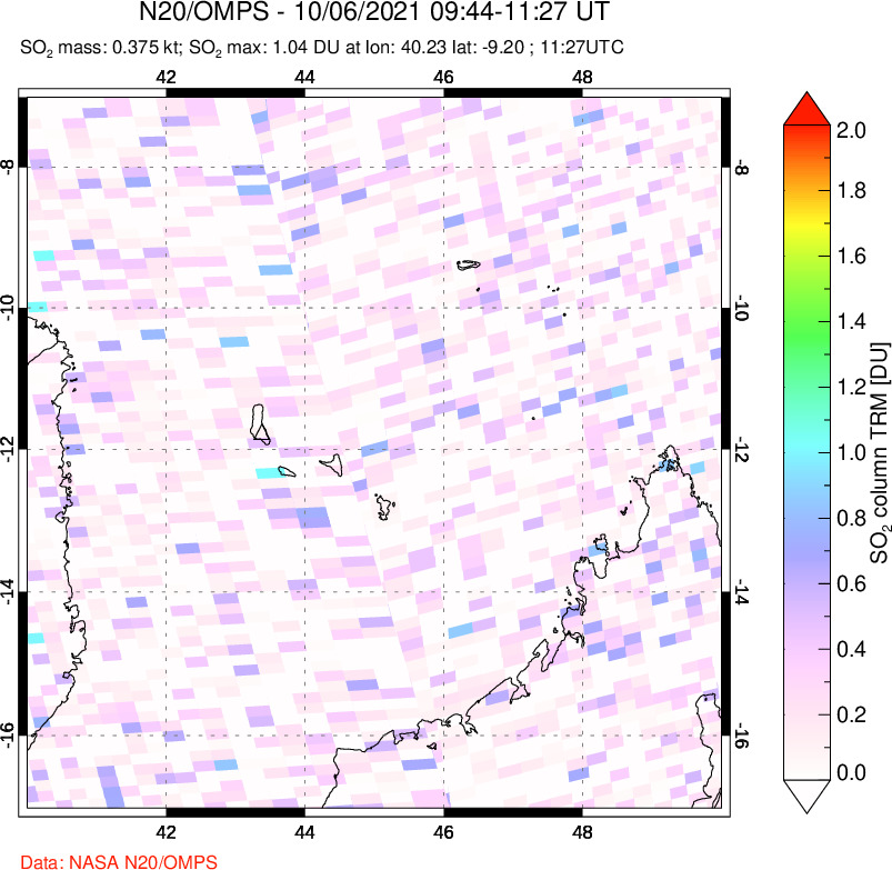 A sulfur dioxide image over Comoro Islands on Oct 06, 2021.