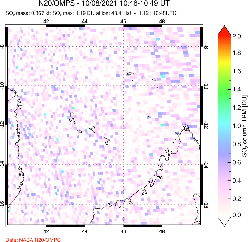 A sulfur dioxide image over Comoro Islands on Oct 08, 2021.