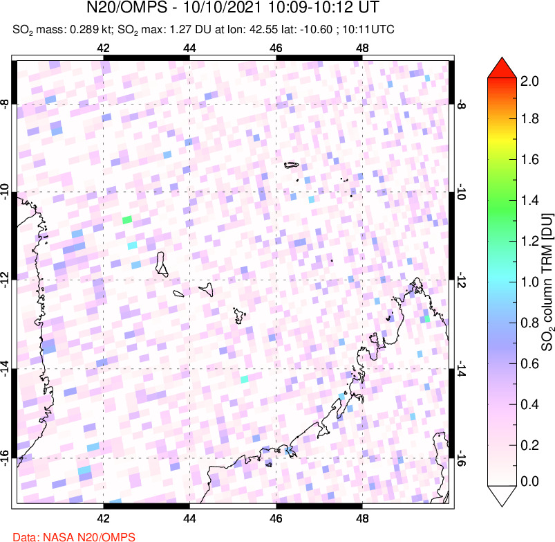 A sulfur dioxide image over Comoro Islands on Oct 10, 2021.
