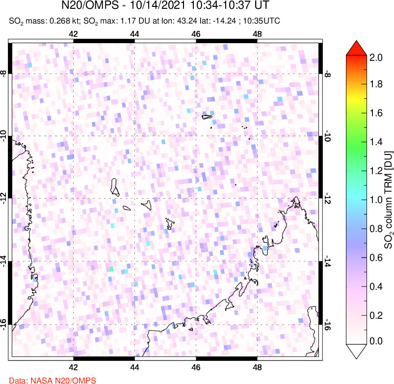 A sulfur dioxide image over Comoro Islands on Oct 14, 2021.