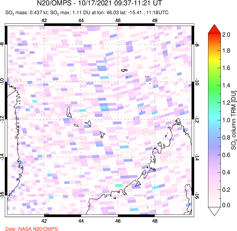 A sulfur dioxide image over Comoro Islands on Oct 17, 2021.