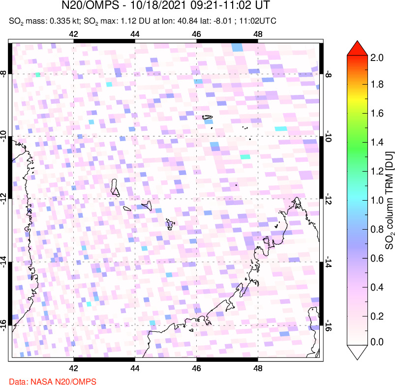 A sulfur dioxide image over Comoro Islands on Oct 18, 2021.