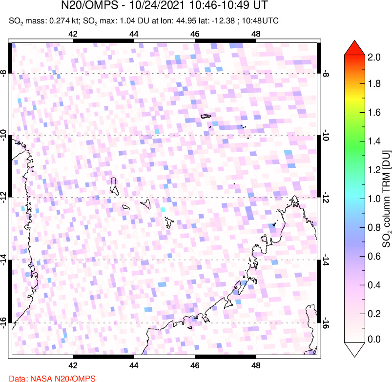A sulfur dioxide image over Comoro Islands on Oct 24, 2021.