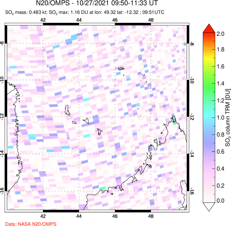A sulfur dioxide image over Comoro Islands on Oct 27, 2021.