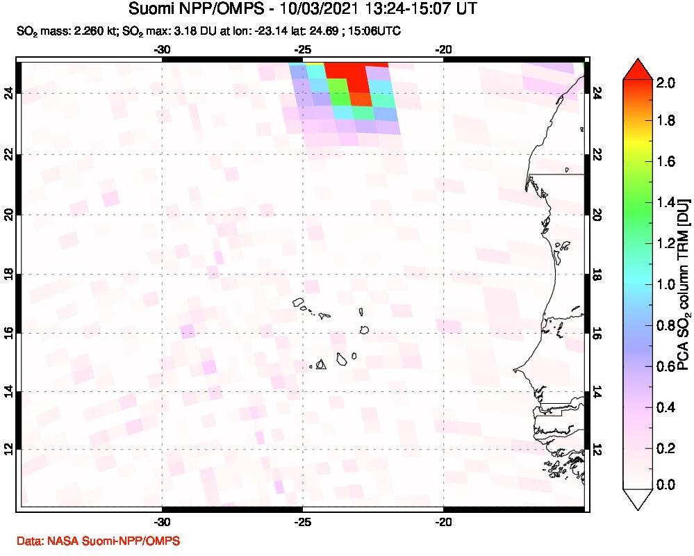 A sulfur dioxide image over Cape Verde Islands on Oct 03, 2021.