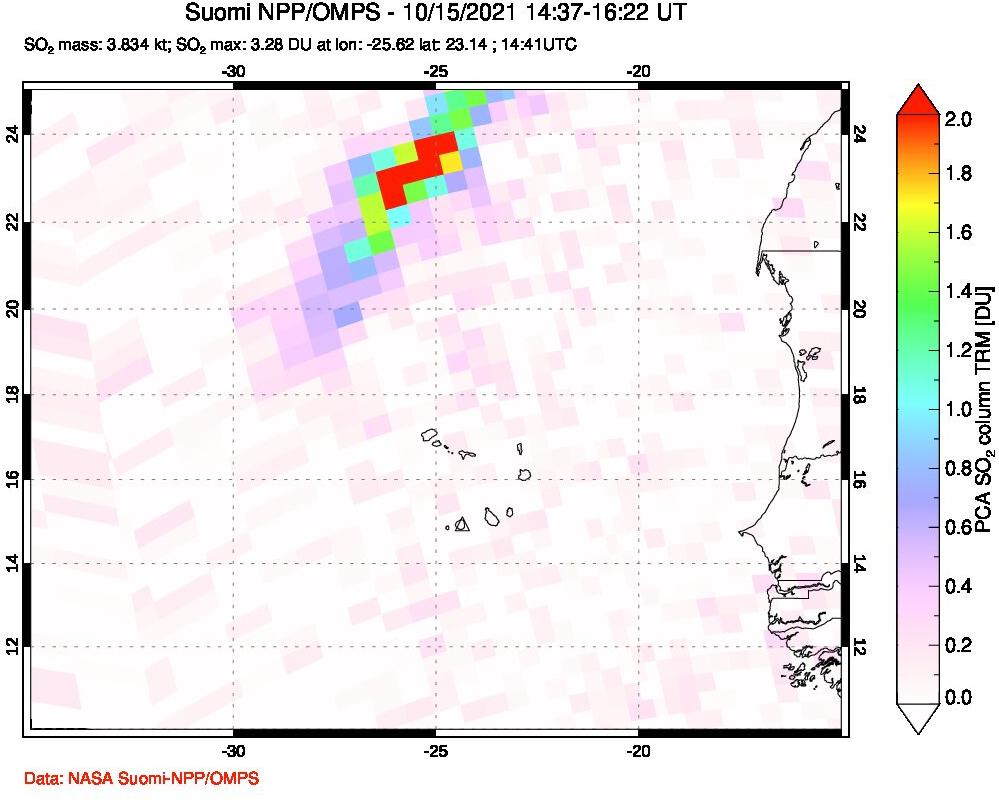 A sulfur dioxide image over Cape Verde Islands on Oct 15, 2021.