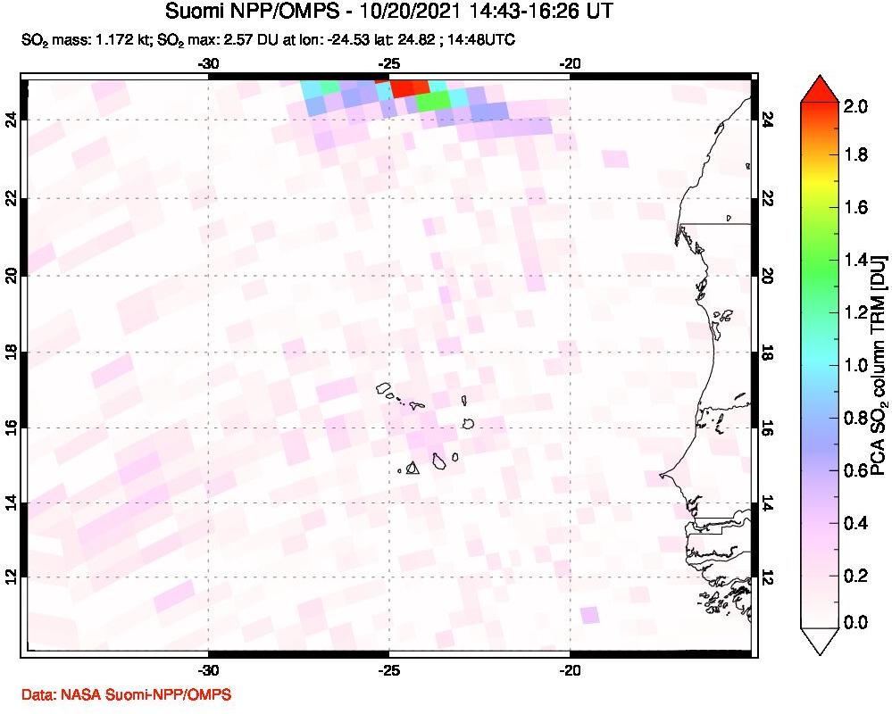 A sulfur dioxide image over Cape Verde Islands on Oct 20, 2021.