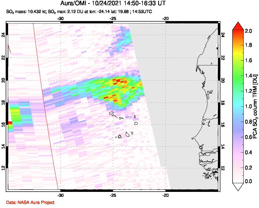 A sulfur dioxide image over Cape Verde Islands on Oct 24, 2021.
