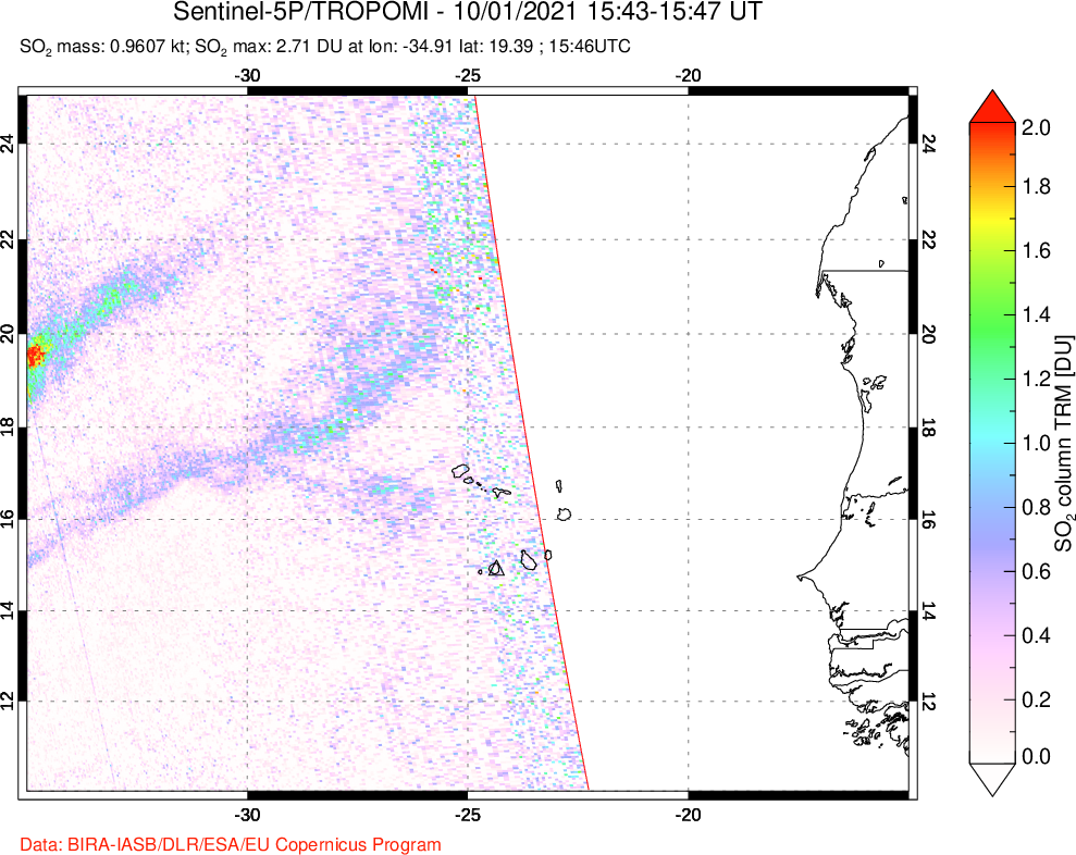 A sulfur dioxide image over Cape Verde Islands on Oct 01, 2021.