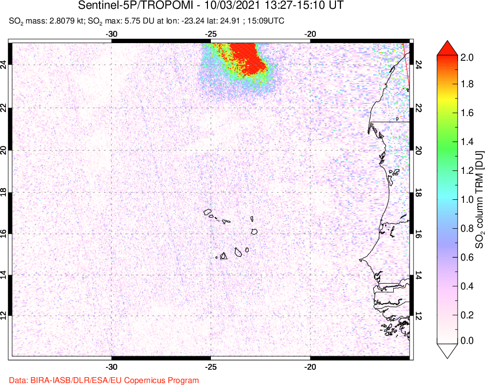A sulfur dioxide image over Cape Verde Islands on Oct 03, 2021.