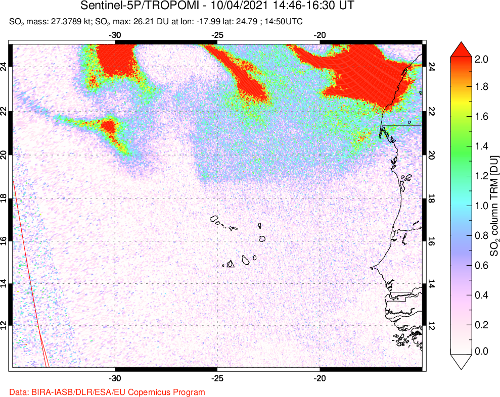 A sulfur dioxide image over Cape Verde Islands on Oct 04, 2021.