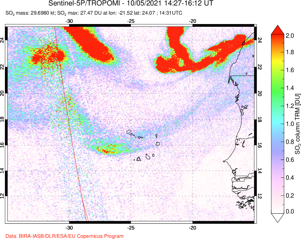 A sulfur dioxide image over Cape Verde Islands on Oct 05, 2021.