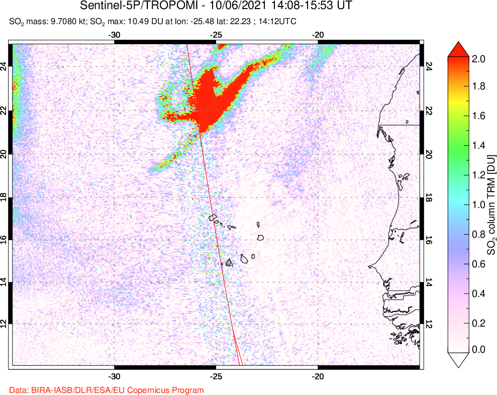 A sulfur dioxide image over Cape Verde Islands on Oct 06, 2021.