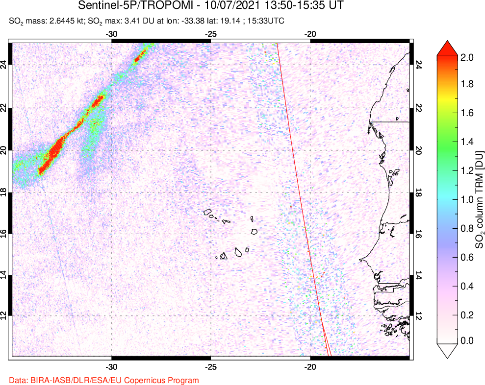 A sulfur dioxide image over Cape Verde Islands on Oct 07, 2021.