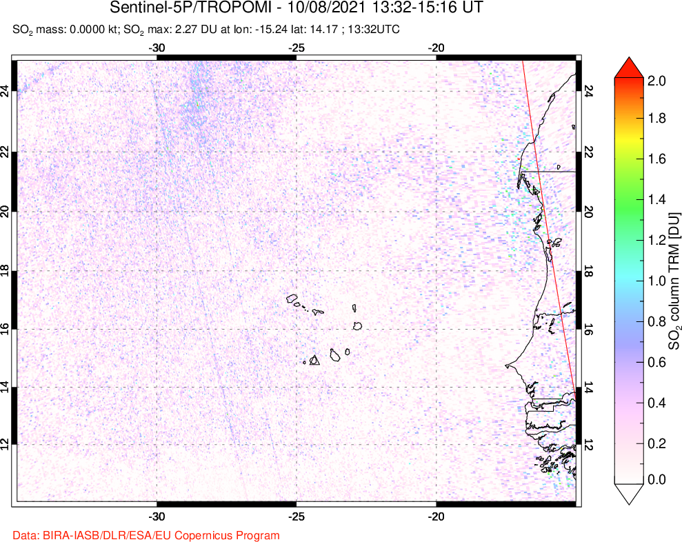 A sulfur dioxide image over Cape Verde Islands on Oct 08, 2021.