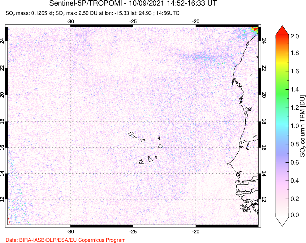A sulfur dioxide image over Cape Verde Islands on Oct 09, 2021.